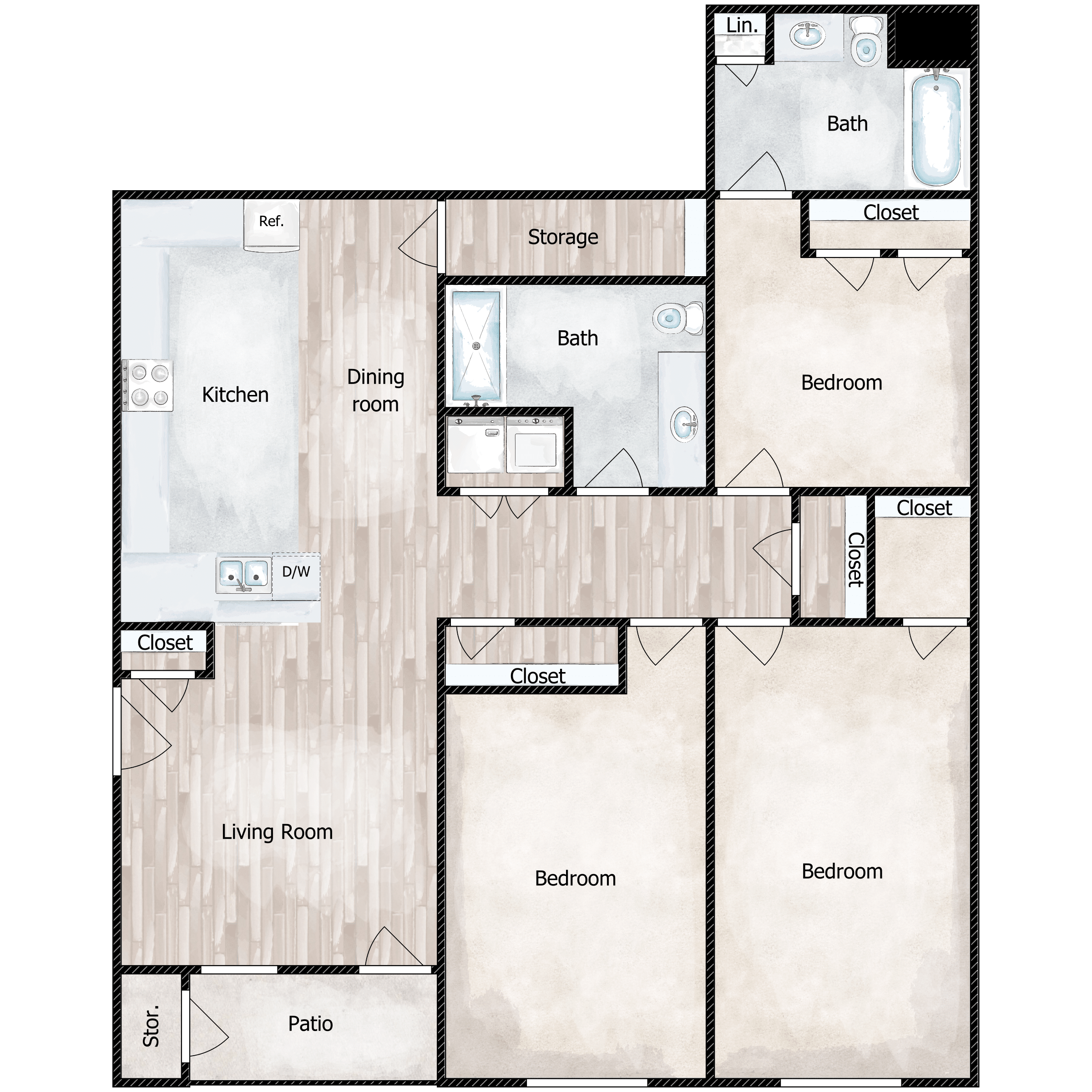 Floor plan for 3 beds, 2 baths, 1288 sqft